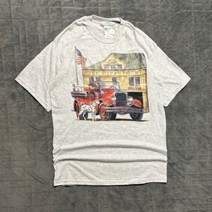 Vintage 90s Firefighter Dog Dalmatian Gray Mens XL Shirt